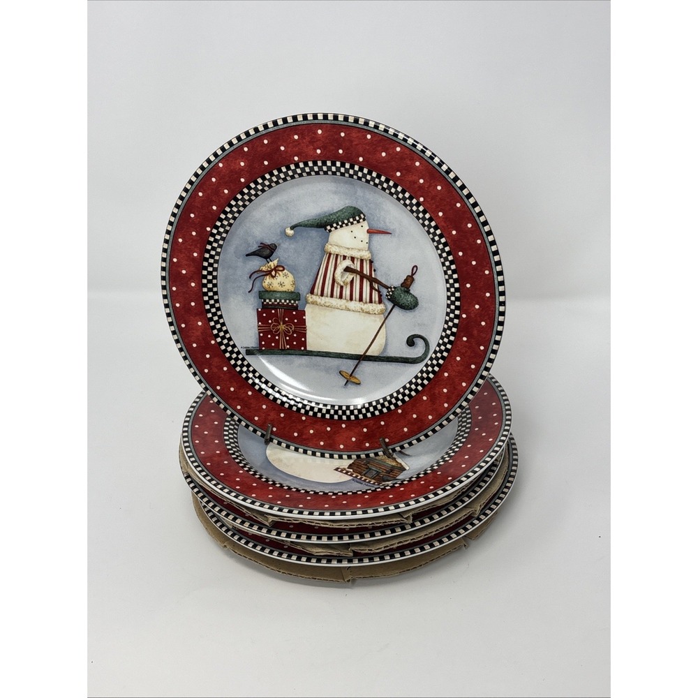 Debbie Mumm Frosty Folks Ceramic Stoneware Salad Dessert Plates Vintage Set (4)
